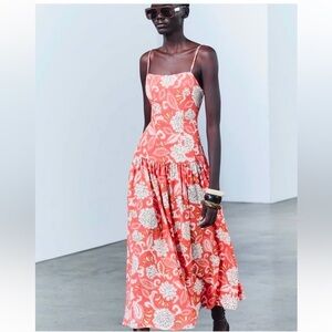 Zara drop waist printed midi dress coral orange size small